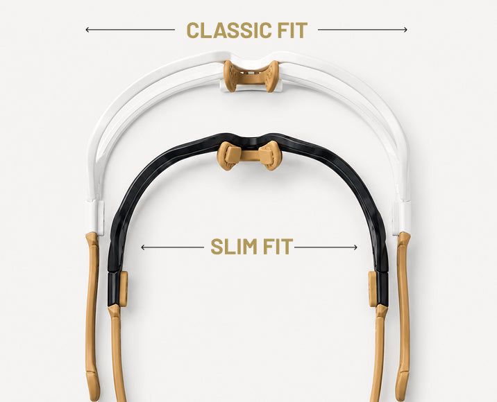 Classic Fit and Slim Fit frames shown one above the other, with the wider Classic Fit measured across the top and the narrower Slim Fit across the middle