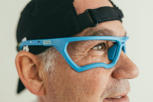 A comparison of traditional pickleball glasses versus Kitchen Blockers lens-free eye protection