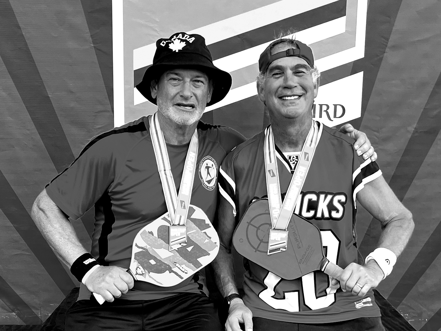 Kitchen Blockers founders Dave (The Katman) and Brad (Bamps), creators of the original lens-free pickleball eye protection.