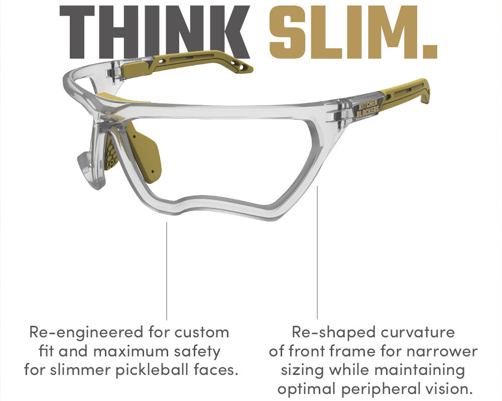 Kitchen Blockers SlimFit in Clear: Re-engineered lens-free pickleball eyewear for narrower face shapes. Features a re-shaped front frame curvature for a custom fit and maximum safety with optimal peripheral vision