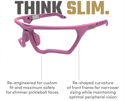 Kitchen Blockers SlimFit in Pink: Re-engineered lens-free pickleball eyewear for narrower face shapes. Features a re-shaped front frame curvature for a custom fit and maximum safety with optimal peripheral vision.