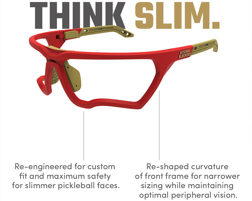 Kitchen Blockers SlimFit in Red: Re-engineered lens-free pickleball eyewear for narrower face shapes. Features a re-shaped front frame curvature for a custom fit and maximum safety with optimal peripheral vision.