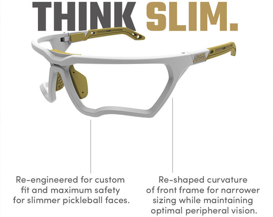 Kitchen Blockers SlimFit in White: Re-engineered lens-free pickleball eyewear for narrower face shapes. Features a re-shaped front frame curvature for a custom fit and maximum safety with optimal peripheral vision.